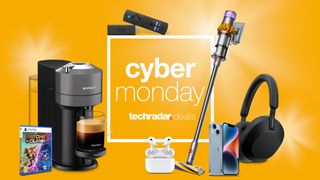 Cyber Monday deals text, surrounded by a variety of products