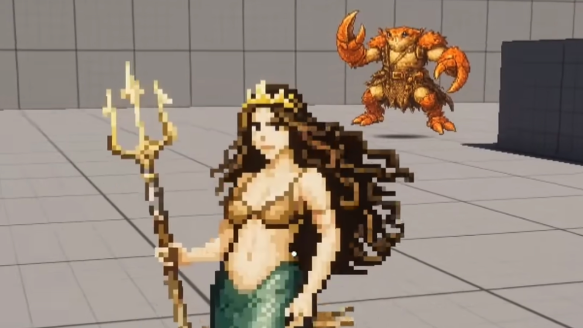 Pixel art mermaid poses with golden trident