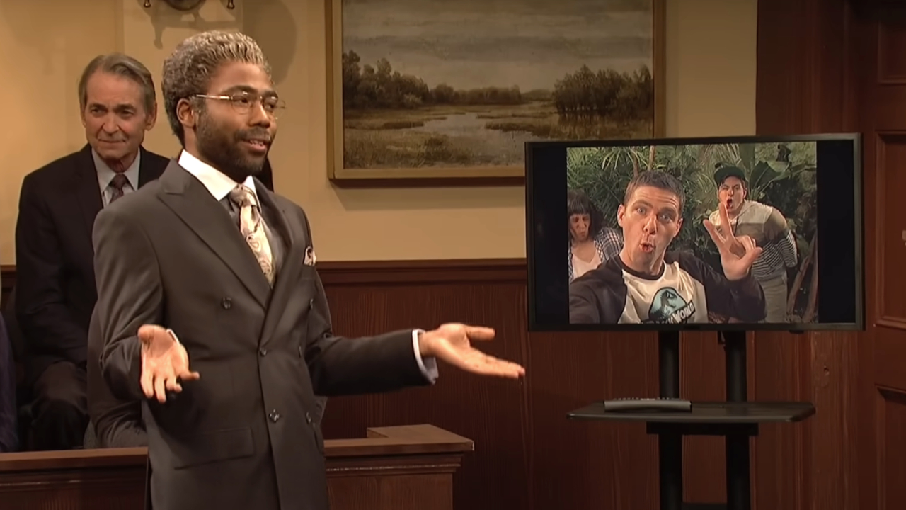 Donald Glover as a lawyer presenting court evidence on SNL