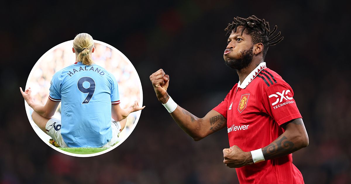 Fred of Manchester United celebrates after scoring a goal to make it 1-1 during the UEFA Europa League knockout round play-off leg two match between Manchester United and FC Barcelona at Old Trafford on February 23, 2023 in Manchester, United Kingdom.