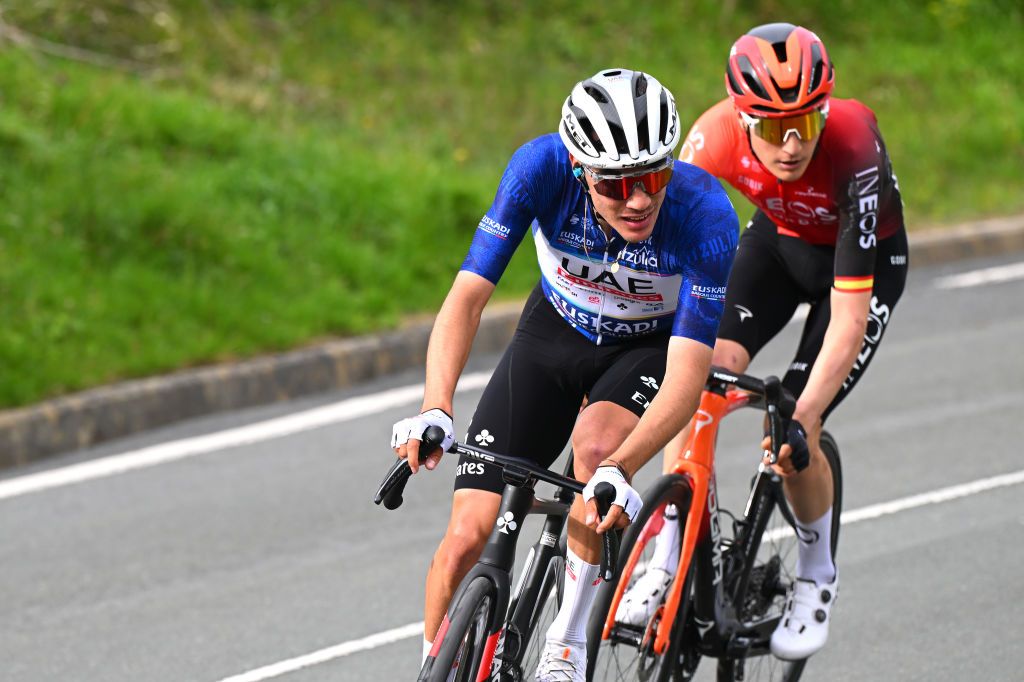 EIBAR SPAIN APRIL 06 LR Juan Ayuso of Spain and UAE Team Emirates Blue Best Young Rider Jersey and Carlos Rodriguez of Spain and Team INEOS Grenadiers compete in the breakaway during the 63rd Itzulia Basque Country 2024 Stage 6 a 1378km stage from Eibar to Eibar UCIWT on April 06 2024 in Eibar Spain Photo by Tim de WaeleGetty Images