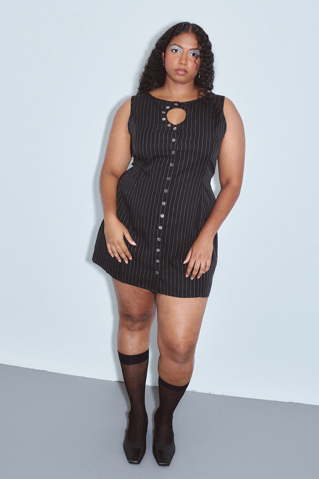 Fashion Brand Company, Unbuttoned Mini Dress Tencel Stripe Black
