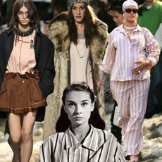 A collage of different pajama outfits featuring Prada models, Sarah Jessica Parker as Carrie Bradshaw in Sex and the City, Rihanna, and Audrey Hepburn in Roman Holiday.