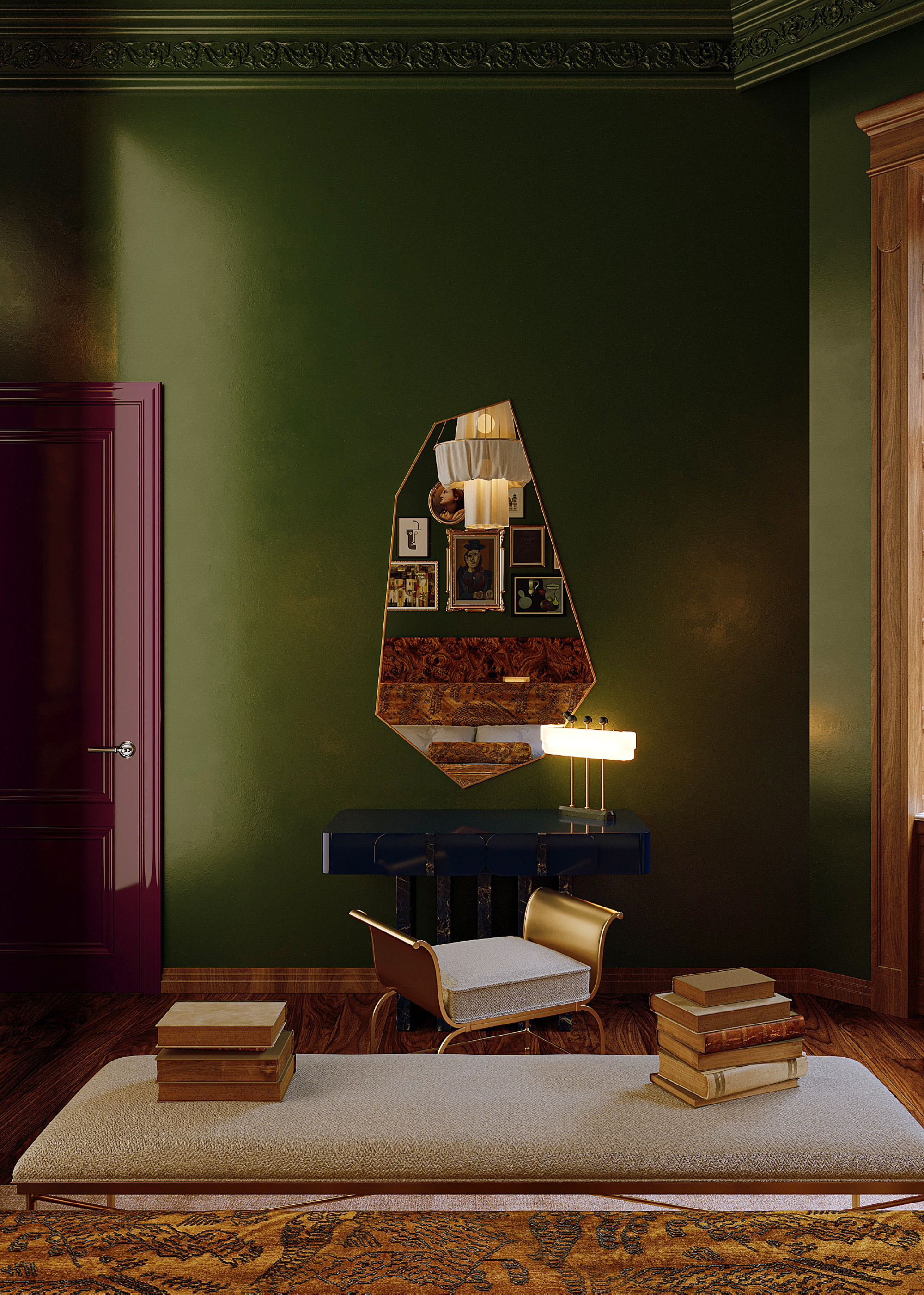 green living room color drenched with unique shaped mirror, stacks of books on an upholstered bench, ottoman, and burgundy colored door