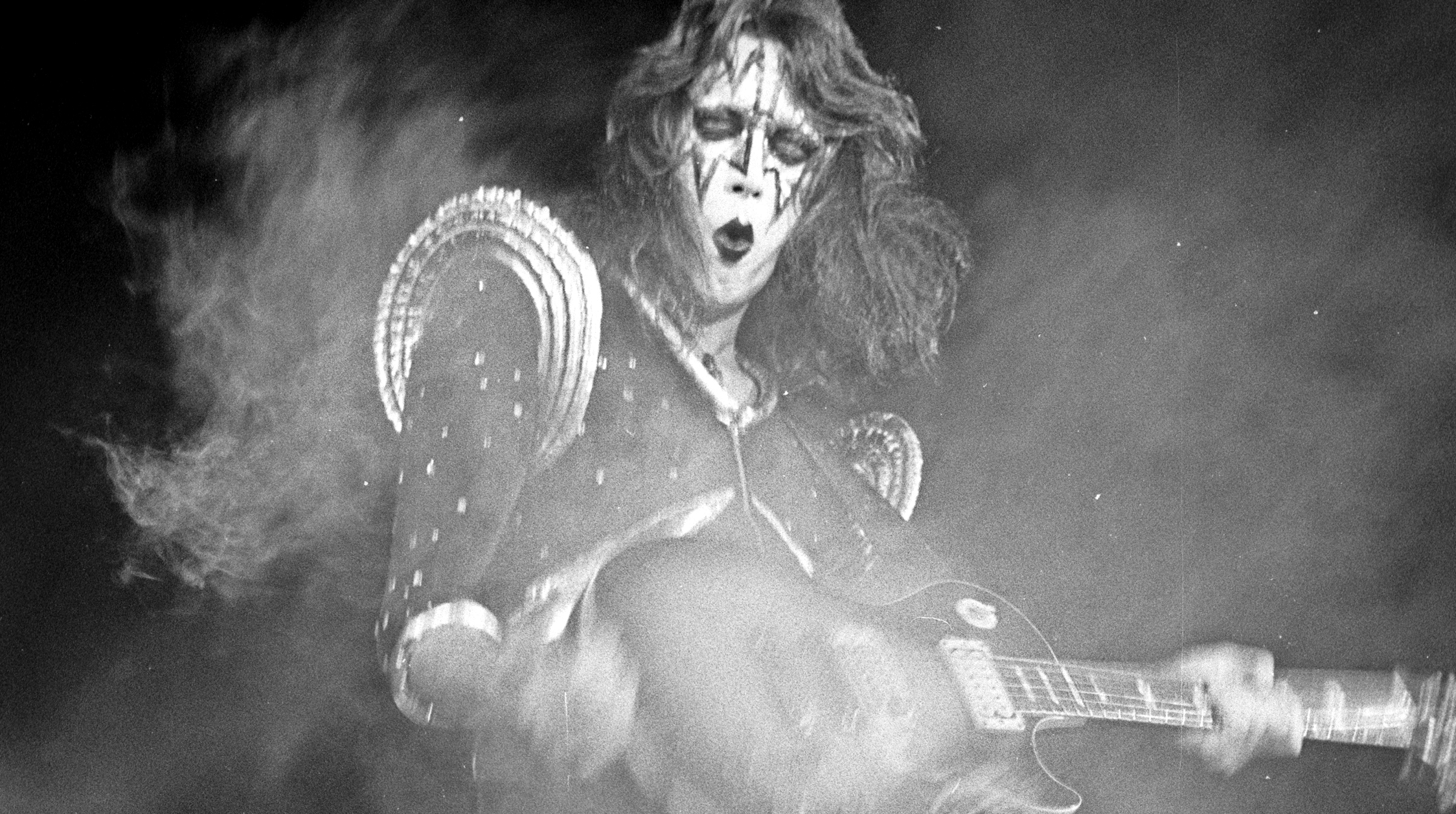 Ace Frehley of the rock and roll band 'Kiss' performs onstage in circa 1977 in Los Angeles, California.
