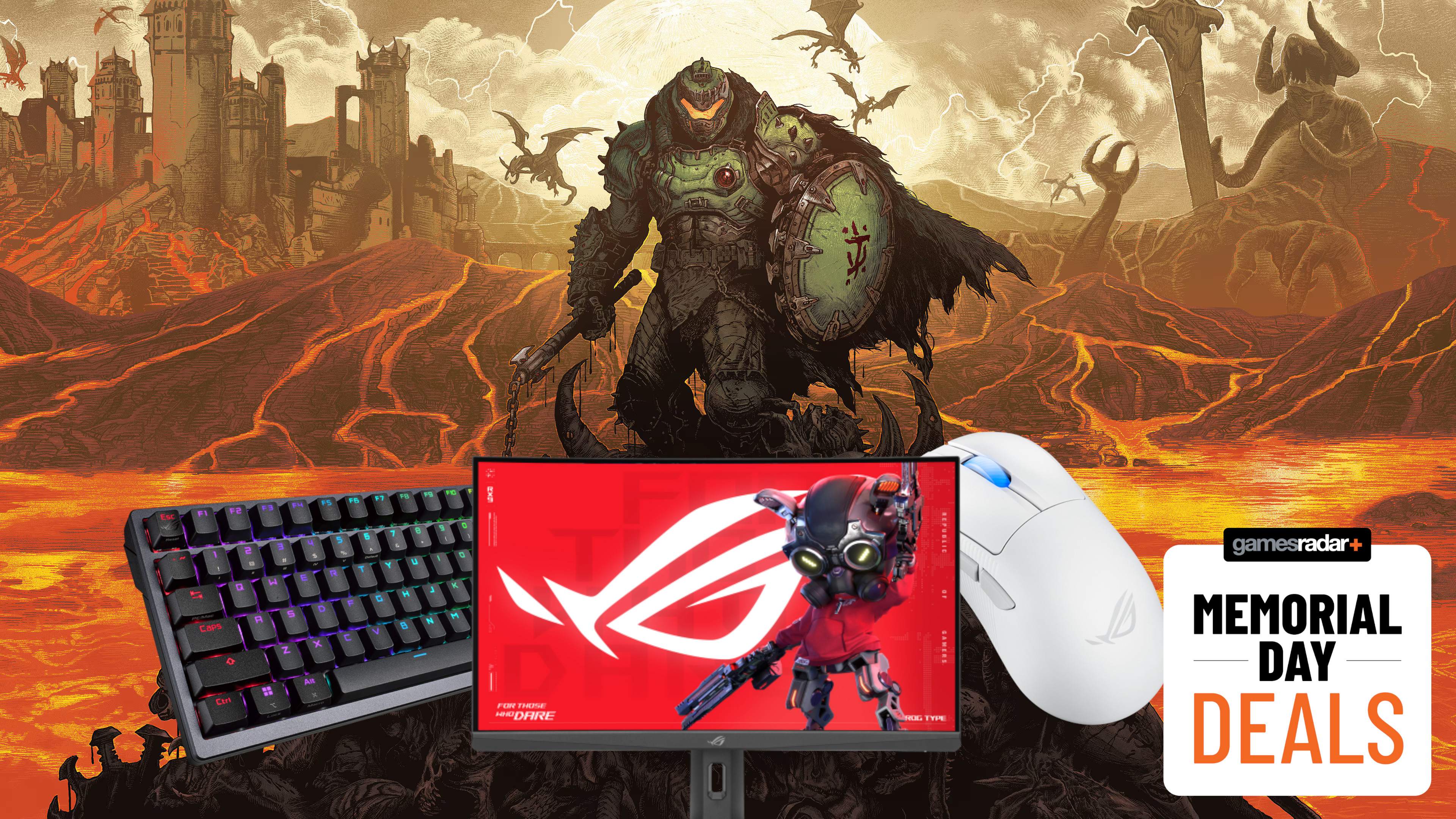 Doom: The Dark Ages key art with Asus gaming accessories and a Memorial Day deals badge