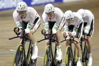 Australians Jack Bobridge, Rohan Dennis, Luke Durbridge and Michael Hepburn on the way to winning gold in the final of the team pursuit in a time of 3:57:832
