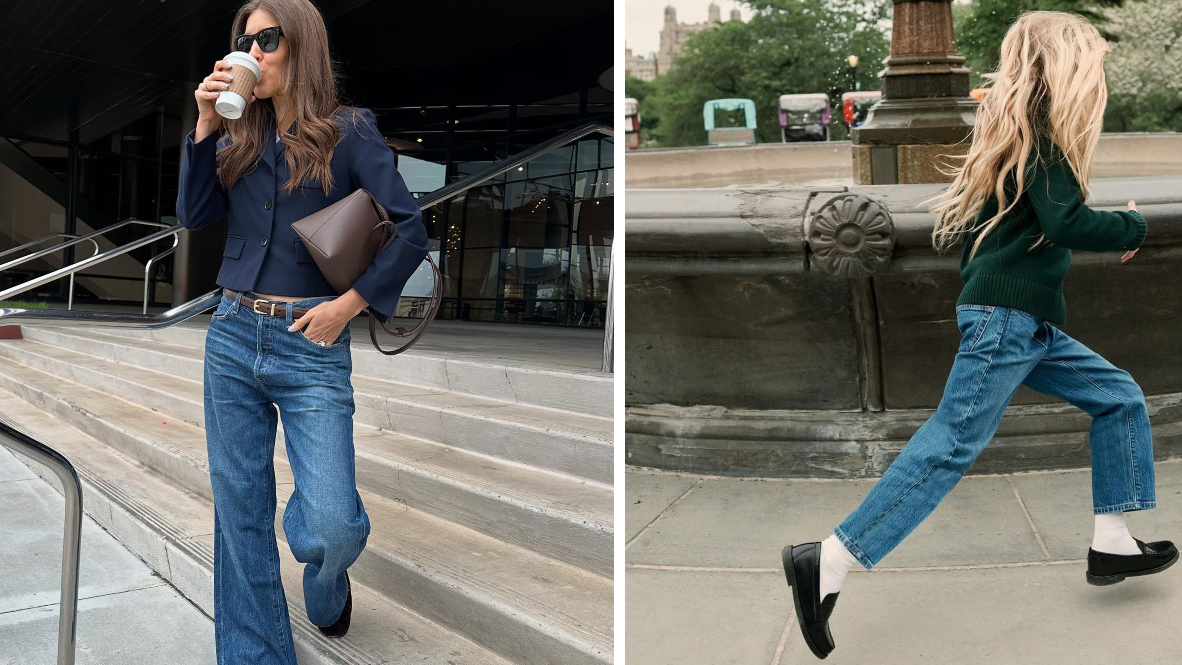 Woman in jeans and a blue blazer; Girl in jeans and a green cardigan