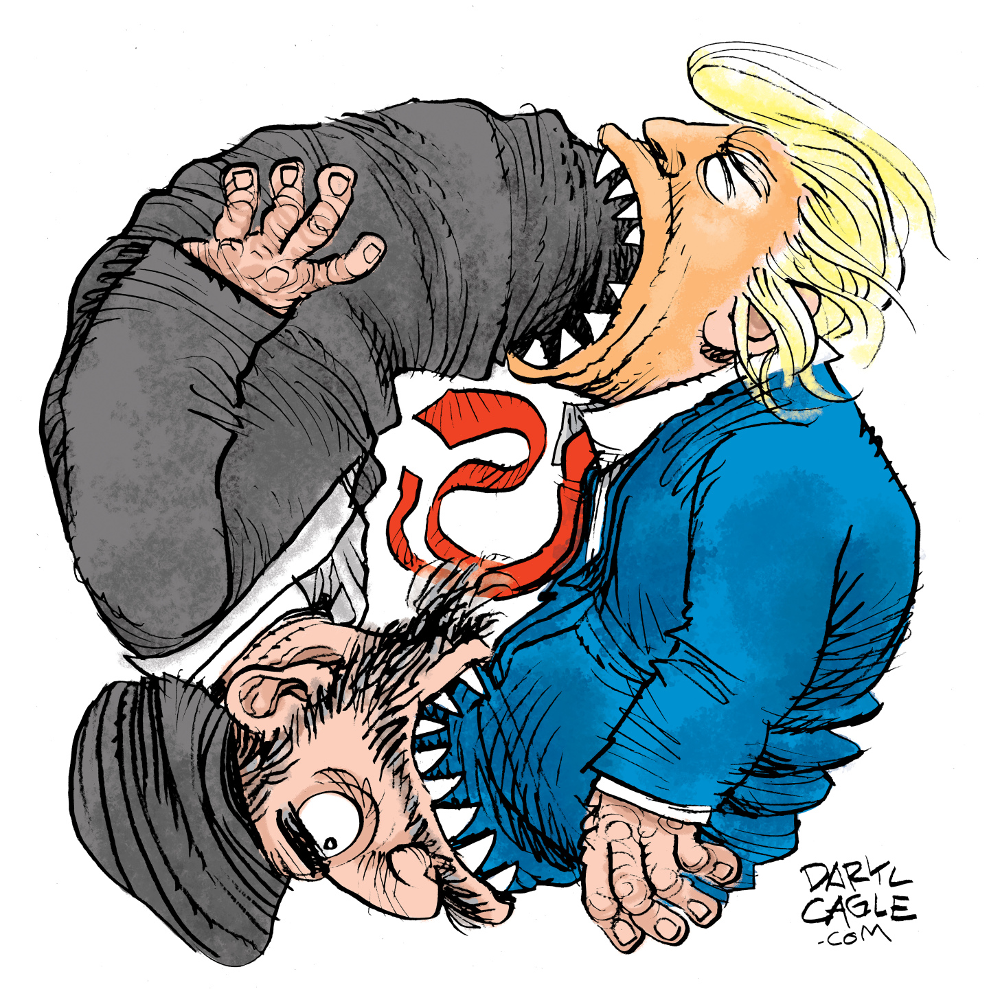 Donald Trump and an Ayatollah are depicted with sharp teeth, coiled around each other like two snakes as they both endlessly feed on each other.