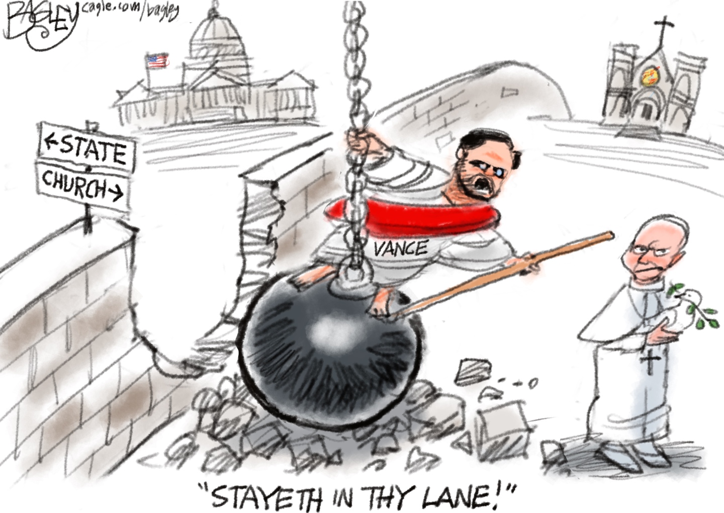 This cartoon depicts JD Vance dressed like AI Jesus Trump on a wrecking ball. He&amp;rsquo;s broken through a Church/State wall and lectures Pope Leo by saying, &amp;ldquo;Stayeth in thy lane!&amp;rdquo;