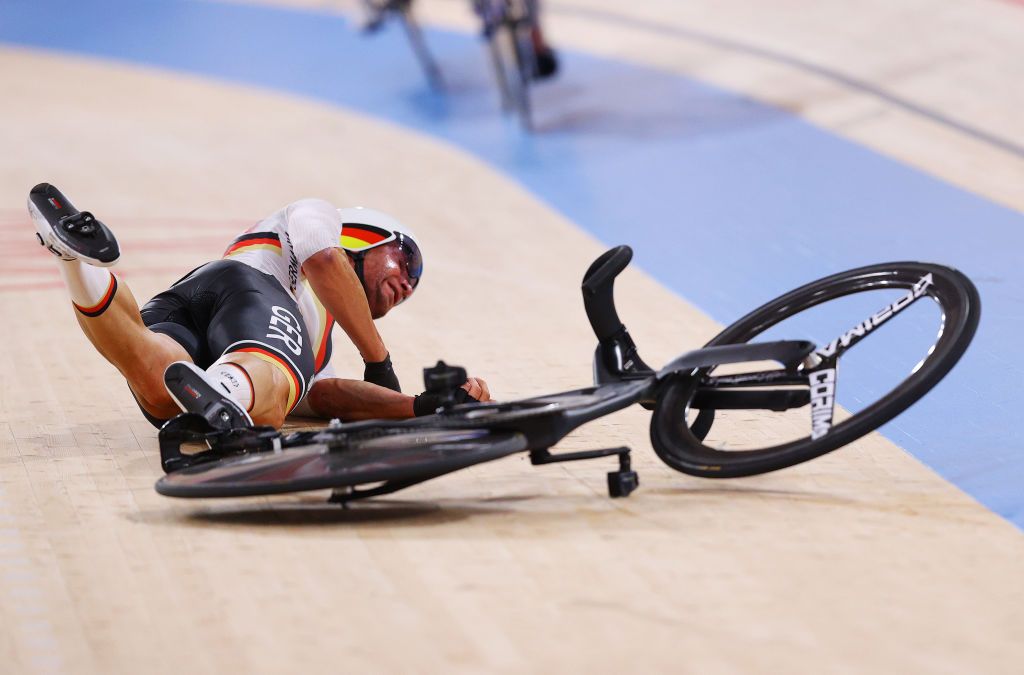 Germany's Roger crashed during the men's Madison