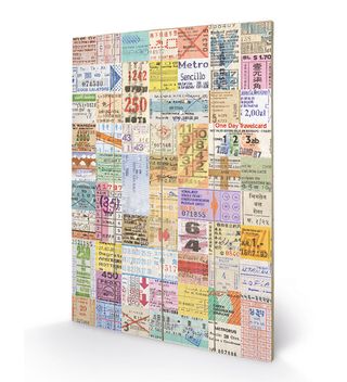 collage of abstract tickets printed onto wood Designed by Troy Litten
