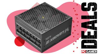 An image of a Super Flower Leadex III power supply unit, against a colorful background, with the phrase 'Deals' on the right above a PC Gamer logo