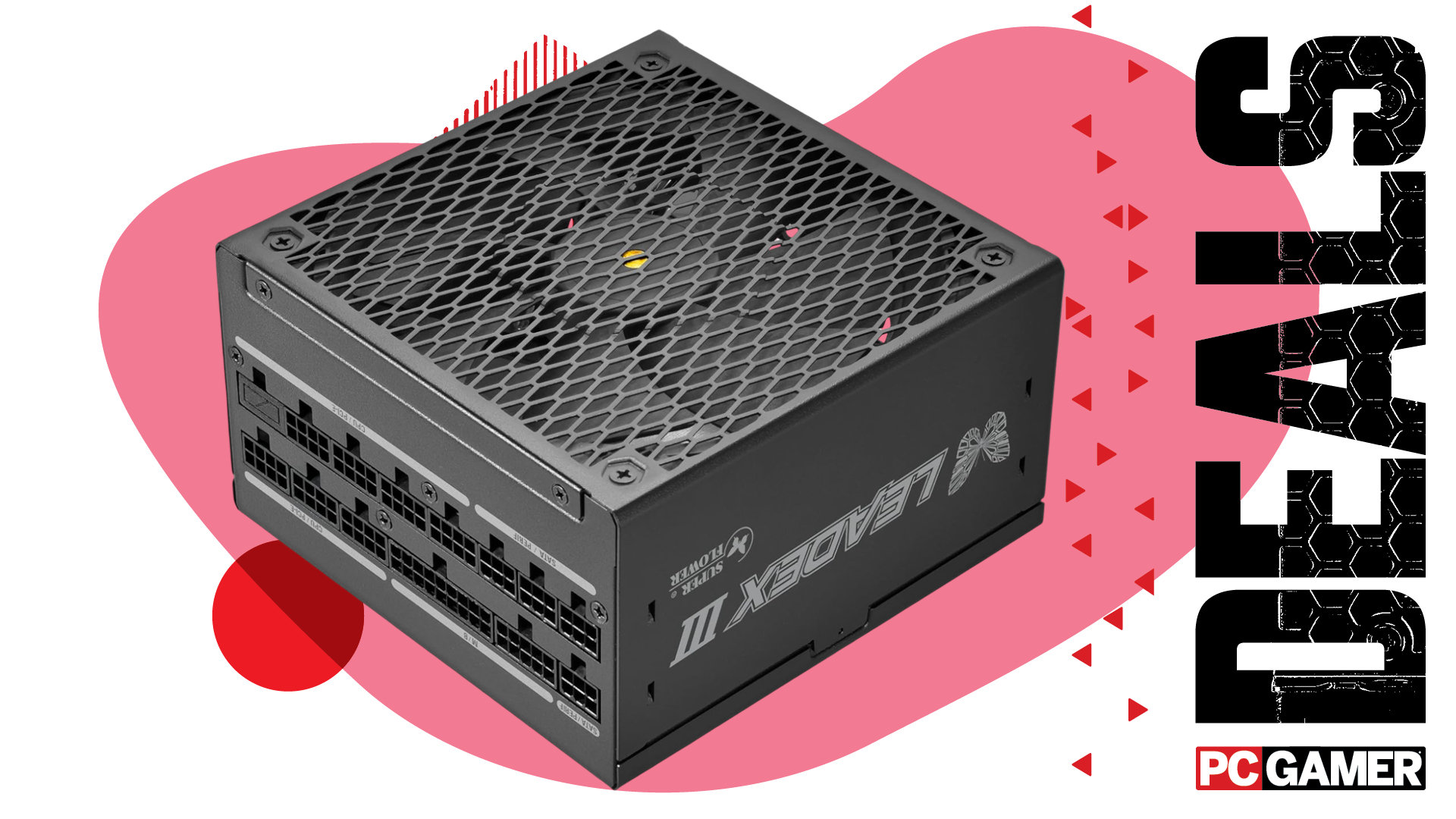An image of a Super Flower Leadex III power supply unit, against a colorful background, with the phrase 'Deals' on the right above a PC Gamer logo