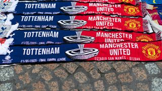 Match scarves are seen for sale ahead of the UEFA Europa League Final 2025 between Tottenham Hotspur and Manchester United at on May 20, 2025 in Bilbao, Spain.