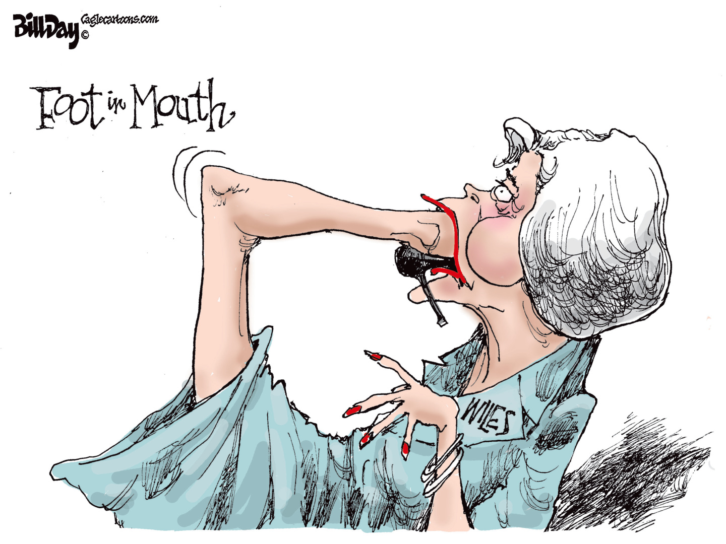 This cartoon is titled &amp;ldquo;Foot in Mouth.&amp;rdquo; It depicts White House Chief of Staff Susie Wiles with her foot literally in her mouth.