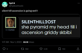 A post that reads: "silent hill ascension is going well!" with a screenshot of a user saying: "she pyramid on my head til i ascension griddy skibibi"