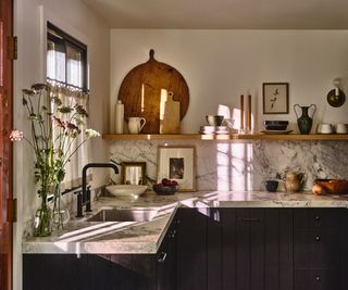 cabin kitchen with dark cabinets