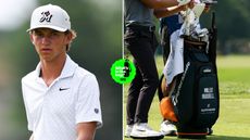 Miles Russell walks down the fairway, with a close up of his golf bag