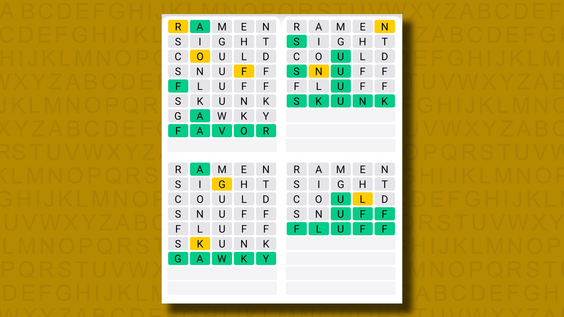 Quordle answers for game 1257 on a yellow background