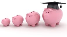 Piggy banks grow in size until the largest one is wearing a mortar board.