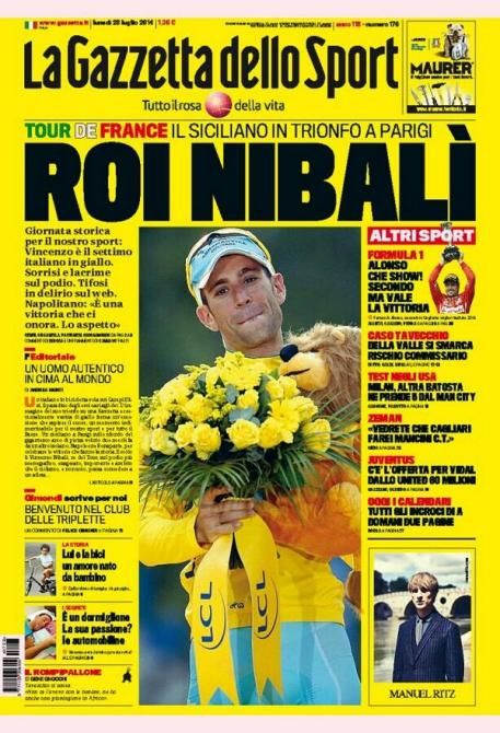 The front page of Gazzetta dello Sport was yellow instead of pink to celebrate Vincenzo Nibali's Tour de France victory