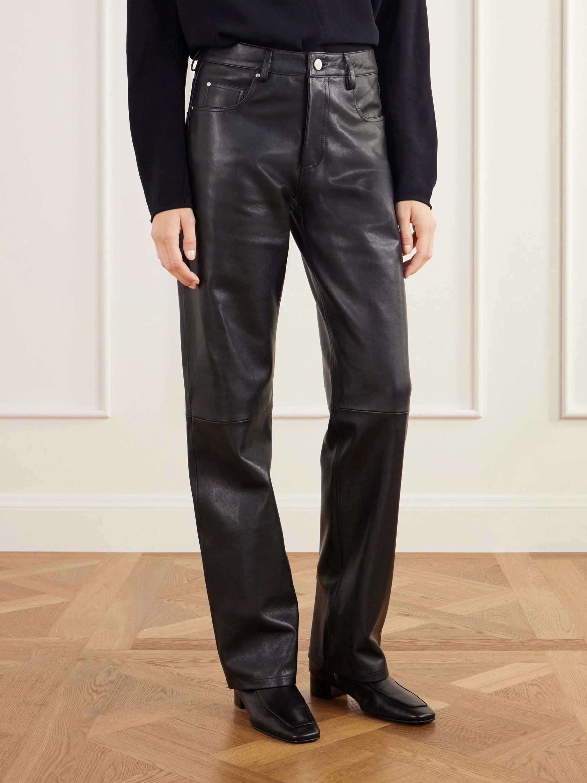 Jean Paneled Leather Straight-Leg Pants