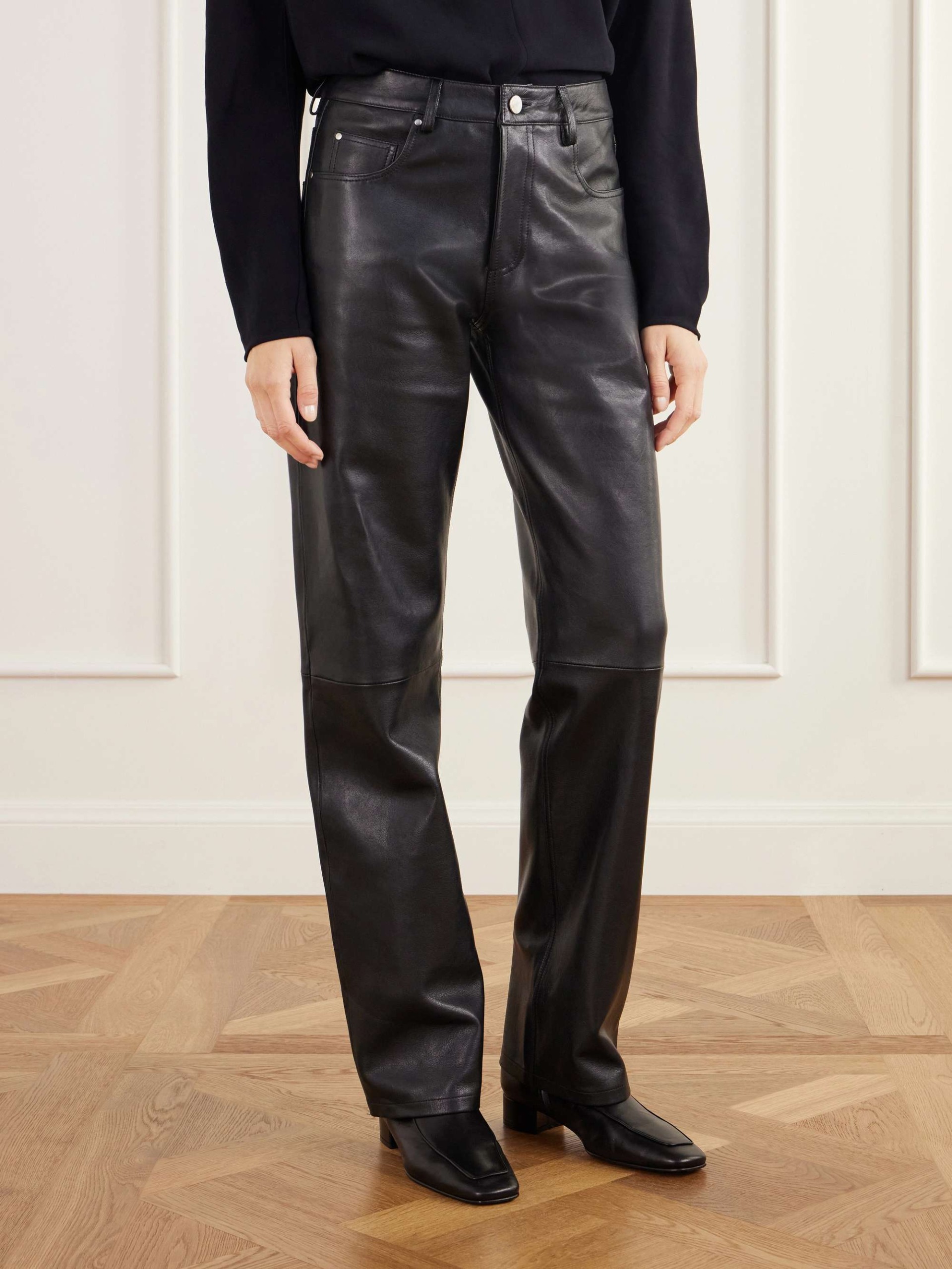 Jean Paneled Leather Straight-Leg Pants