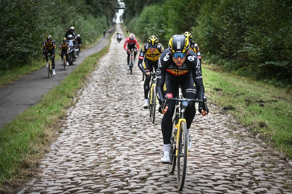 Belgian Wout Van Aert of Team JumboVisma pictured in action during a training session ahead of the 118th edition of the ParisRoubaix one day cycling race from Compiegne near Paris to Roubaix Thursday 30 September 2021 Due to the ongoing corona virus pandemic the 2020 edition was cancelled and the 2021 edition was postponed from spring to autumn For the first time there will be a womens race ParisRoubaix as well BELGA PHOTO DAVID STOCKMAN Photo by DAVID STOCKMANBELGA MAGAFP via Getty Images