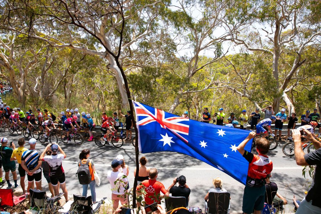 WILLUNGA HILL AUSTRALIA JANUARY 26 Willunga Hill 374m Fans Public Peloton Australia Flag during the 22nd Santos Tour Down Under 2020 Stage 6 a 1515km stage from McLaren Vale to Willunga Hill 374m TDU tourdownunder UCIWT on January 26 2020 in Willunga Hill Australia Photo by Daniel KaliszGetty Images