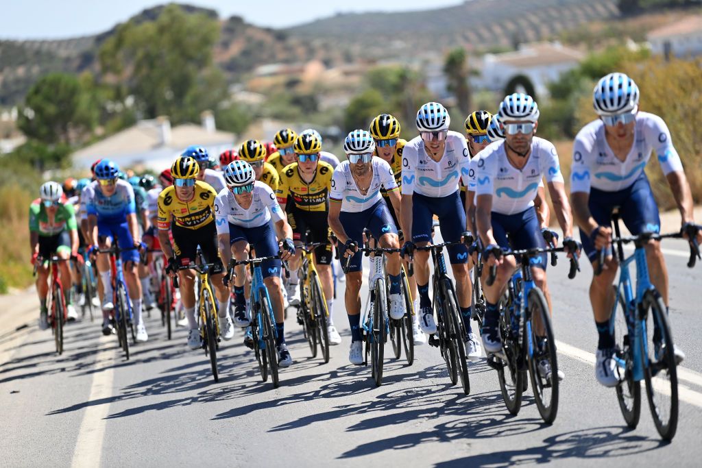MONTILLA SPAIN SEPTEMBER 02 Alejandro Valverde Belmonte of Spain and Gregor Mhlberger of Austria and Movistar Team compete during the 77th Tour of Spain 2022 Stage 13 a 1684km stage from Ronda to Montilla 315m LaVuelta22 WorldTour on September 02 2022 in Montilla Spain Photo by Justin SetterfieldGetty Images