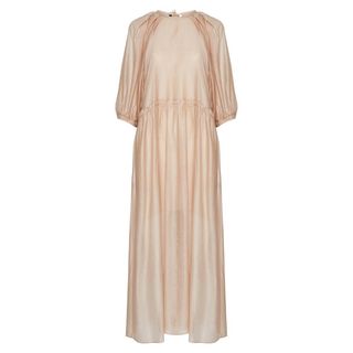 flat lay of mother of pearl ellen champagne dress