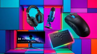 A selection of gaming peripherals on a colorful background.