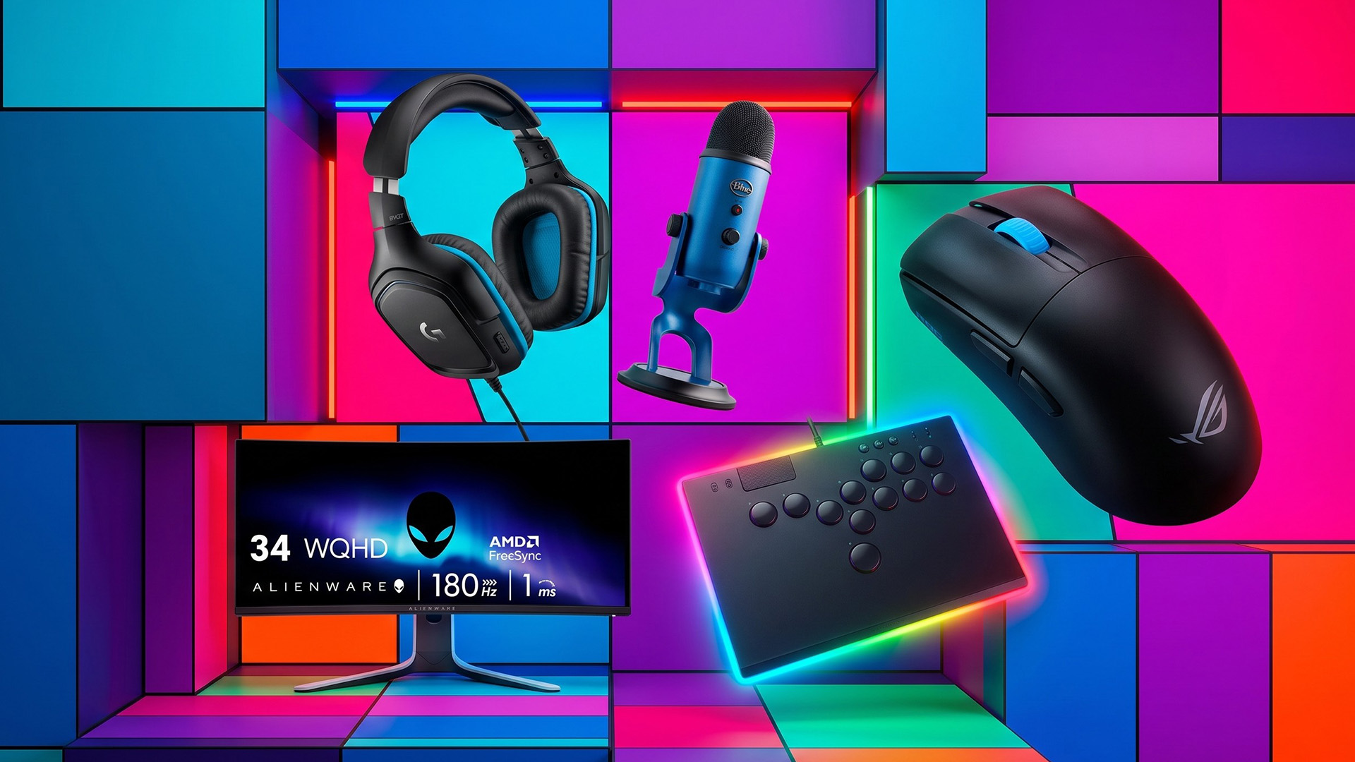A selection of gaming peripherals on a colorful background.