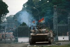 Saigon's fall. Taken of the presidential palace. North - Vietnamese armoured car crossing the railings