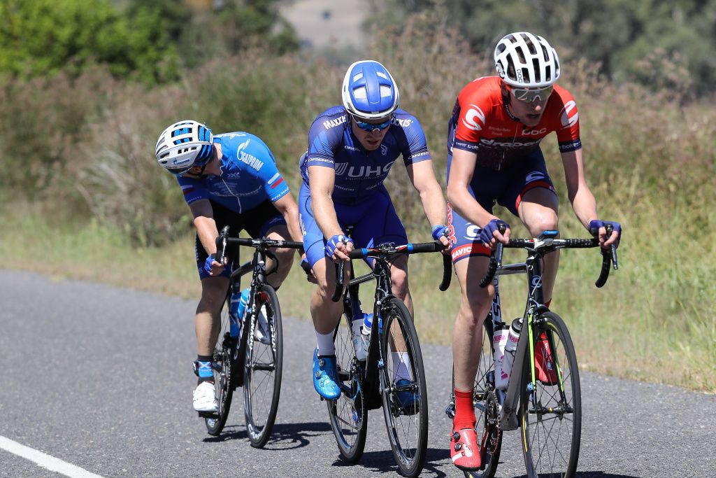 Tanner Putt (UnitedHealthcare) with Drapac-Pat's Veg Nick Katsonis and Gazprom-Rusvelo's Aleksei Tcatevich