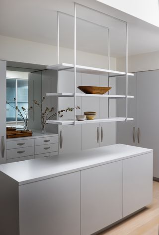 minimalist kitchen with hanging shelving above the island