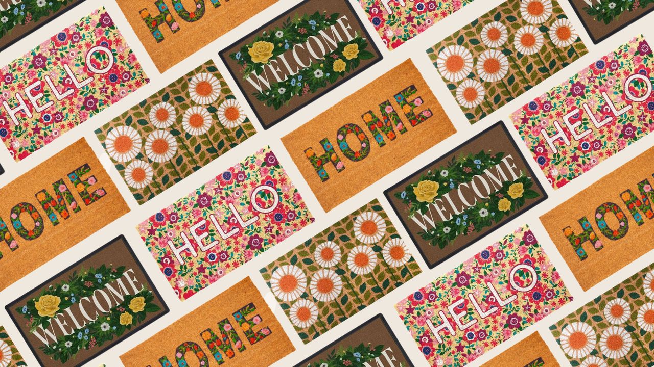 A collage of spring welcome mats