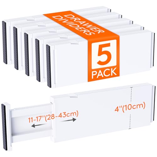 Lifewit 5 Pack Drawer Dividers 4" High, 11-17" Adjustable Dresser Drawer Organizers for Clothes, Expandable Dresser Separators in Bedroom/bathroom/kitchen/vanity/office Organization and Storage, White