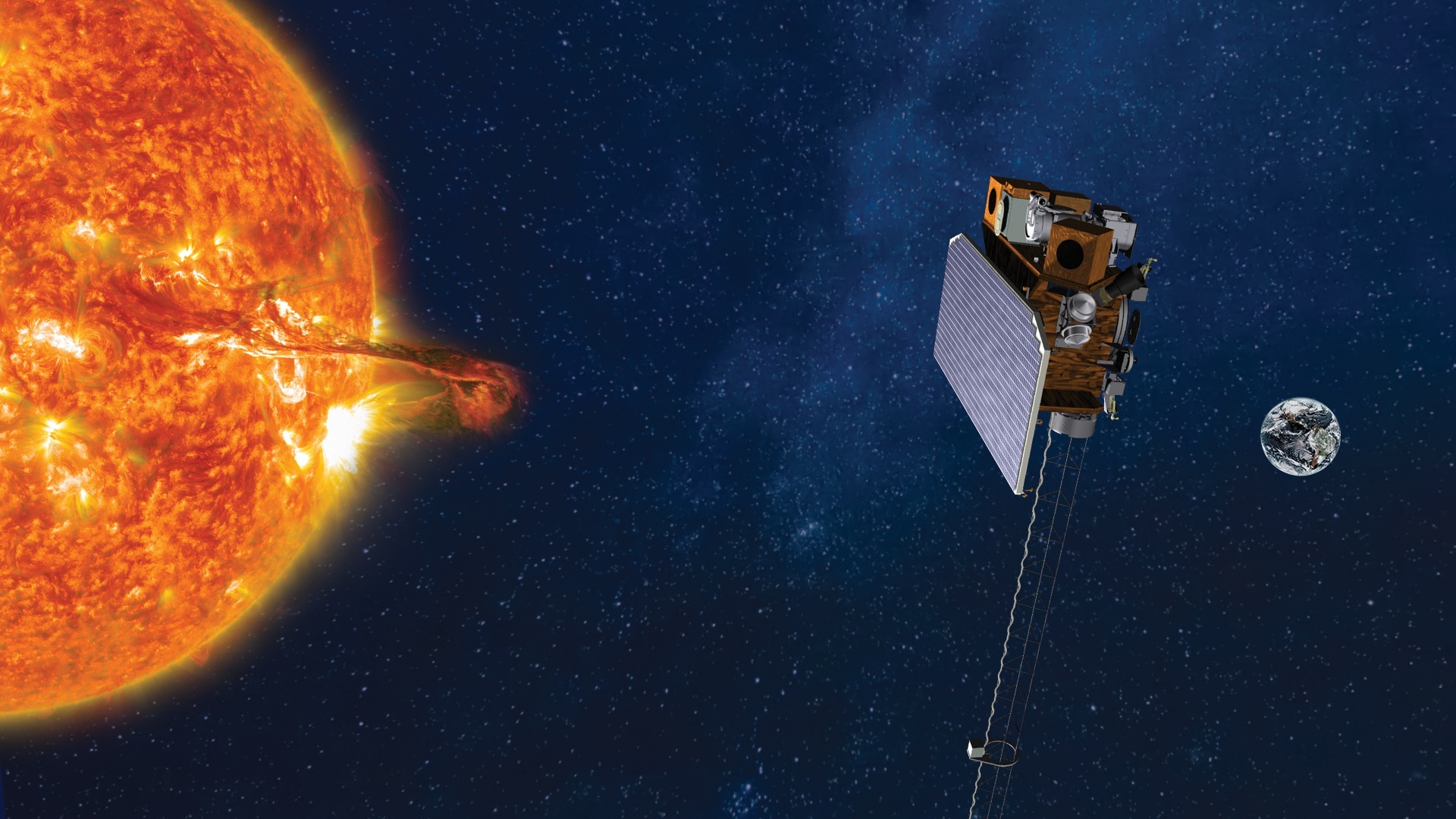 An illustration showing a satellite with a large antenna near the sun with the moon in the background