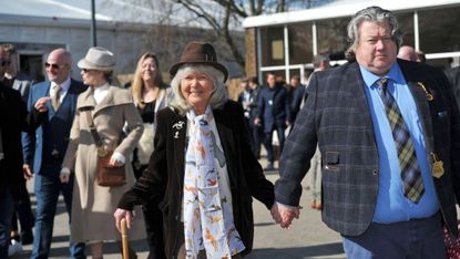 2J36K26 Jilly Cooper with her son Felix CooperDay Four, Gold Cup Day at Cheltenham Racecourse Gold Cup FestivalCrowdsPictures by Mikal Ludlow Photo