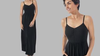 model wearing black strappy maxi dress