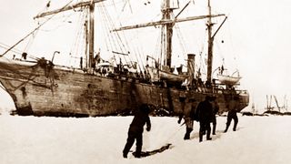 A photograph of the RV Belgica's crew returning with snow for use as drinking water.