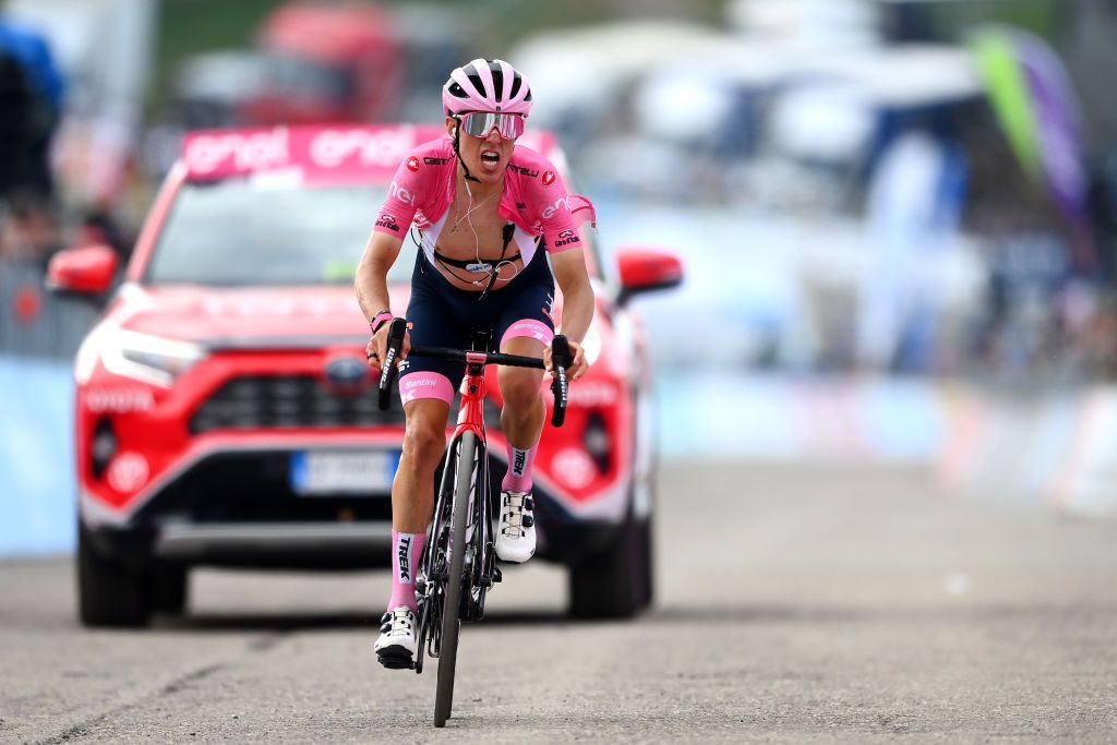 BLOCKHAUS ITALY MAY 15 Juan Pedro Lpez of Spain and Team Trek Segafredo pink leader jersey crosses the finishing line during the 105th Giro dItalia 2022 Stage 9 a 191km stage from Isernia to Blockhaus 1664m Giro WorldTour on May 15 2022 in Blockhaus Italy Photo by Tim de WaeleGetty Images
