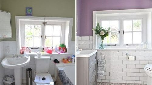 lilac and white bathroom with metro tiles before after