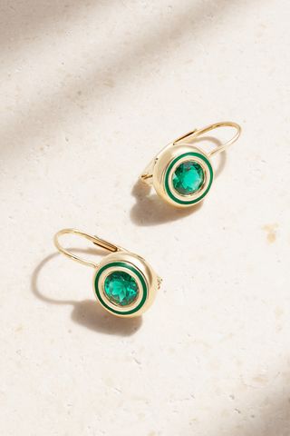 Cocktail 14-Karat Gold, Labroatory-Grown Emerald and Enamel Earrings