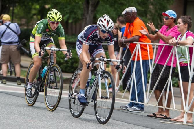 Samantha Schneider (TIBCO) and Leah Guloien (Colavita) try to get away early in the race.