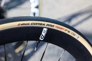 Vittoria Corsa tires fitted to a Team Jayco bike at Paris-Nice 2023