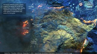 This annotated DigitalGlobe image overlays location information on a view of the deadly Camp Fire in northern California taken Nov. 9, 2018 by the WorldView-3 satellite.