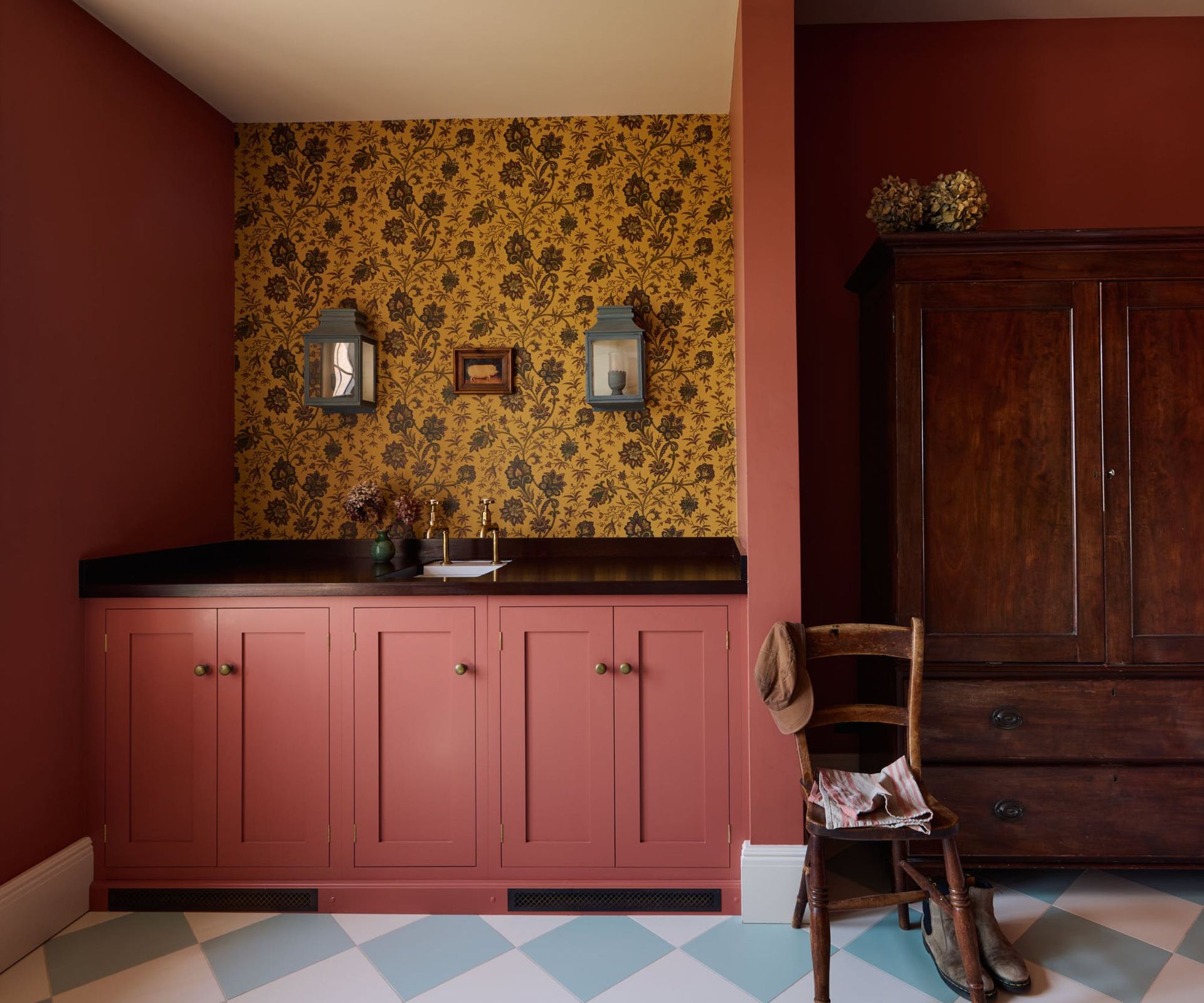 A pink and yellow laundry room